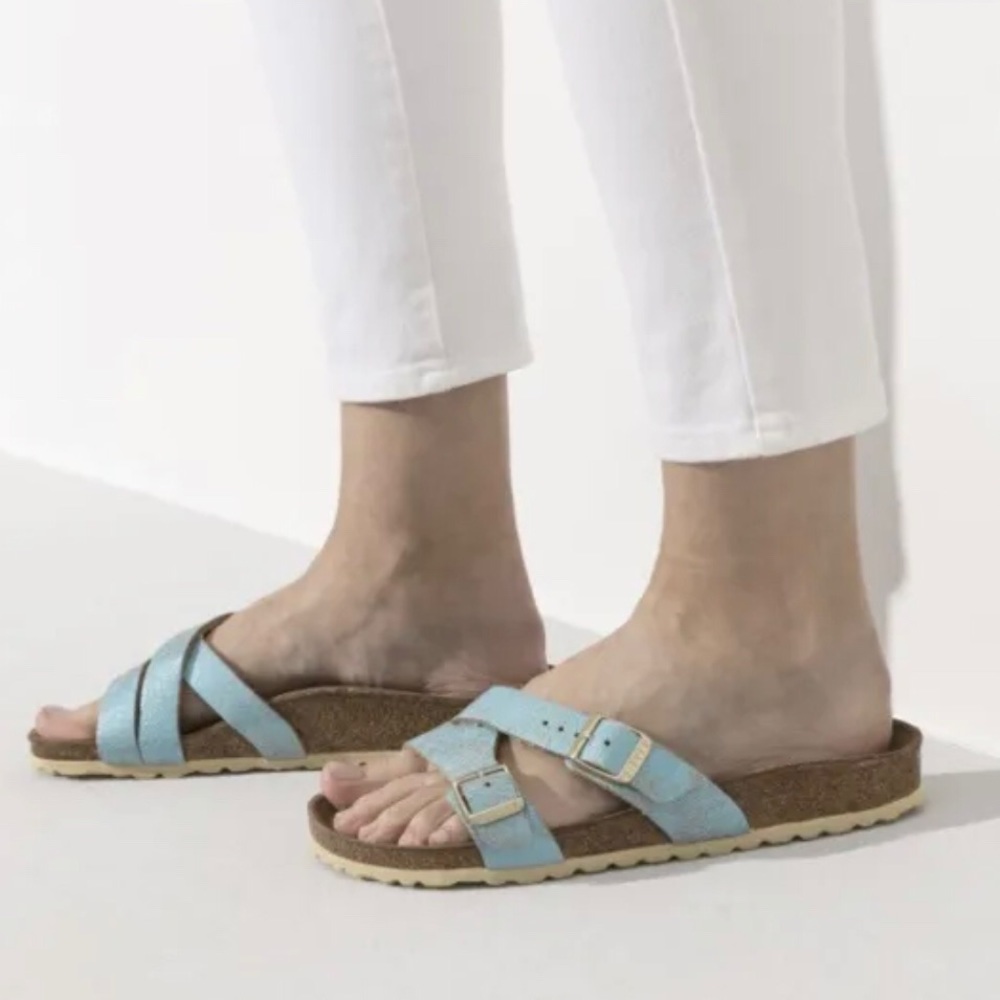 New BIRKENSTOCK Yao balance metallic leather slide sandal aqua blue 11/42